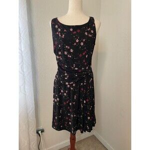 Chaps Women’s Dress Size XL Black Pink Floral Sleeveless Ruched Waist Faux Wrap